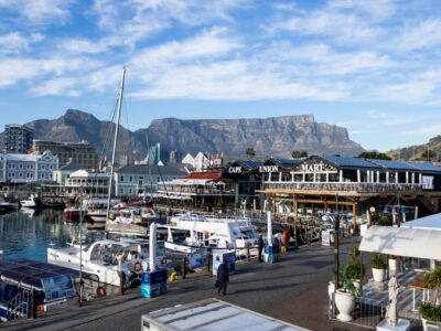 A gorgeous view of the harbor at Victoria Wharf with Table Mountain in the background
